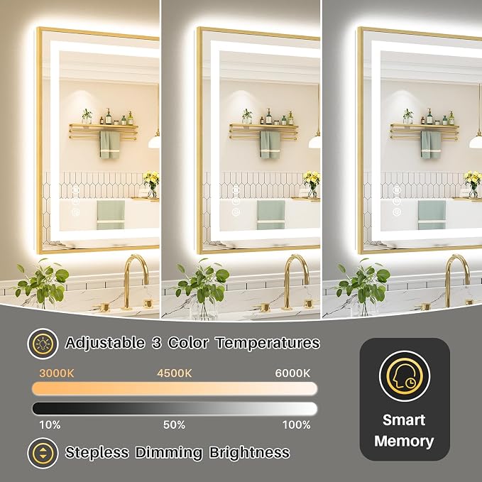 96X36 Inch LED Bathroom Mirror with Gold Frame, Backlit & Front Lit | Anti-fog, 3 Color Dimmable, Memory Function, HD Reflection Tempered Glass, ETL Listed, IP54 Waterproof