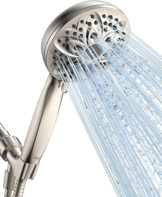 JDO Handheld Shower Head, 6 Spray Settings, Brushed Nickel Finish | High-pressure flow, detachable design, stainless steel hose & bracket, universal bathroom connection