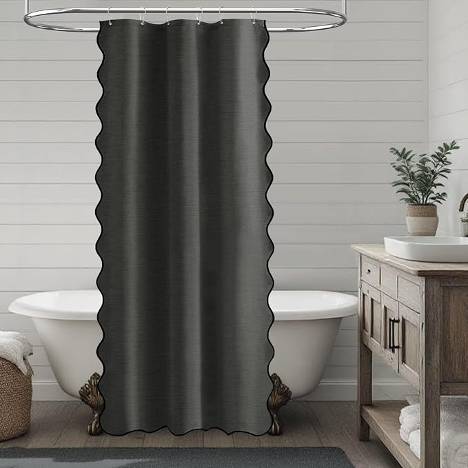 Stall Scalloped Linen Textured Shower Curtain, 36x72, Charcoal Grey | Half Size, 230GSM Waterproof Polyester, Heavy Duty Fabric, 6 Plastic Hooks, Boho Modern Farmhouse Style, Machine Washable