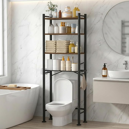GloTika 4-Tier Over Toilet Storage, Anti-Tilt, 69.3" H, Brown | Anti-Tilt Safety System, 150lb Capacity, Carbon Steel, Freestanding, Anti-Rust Coating, Paper Holder & 4 Hooks