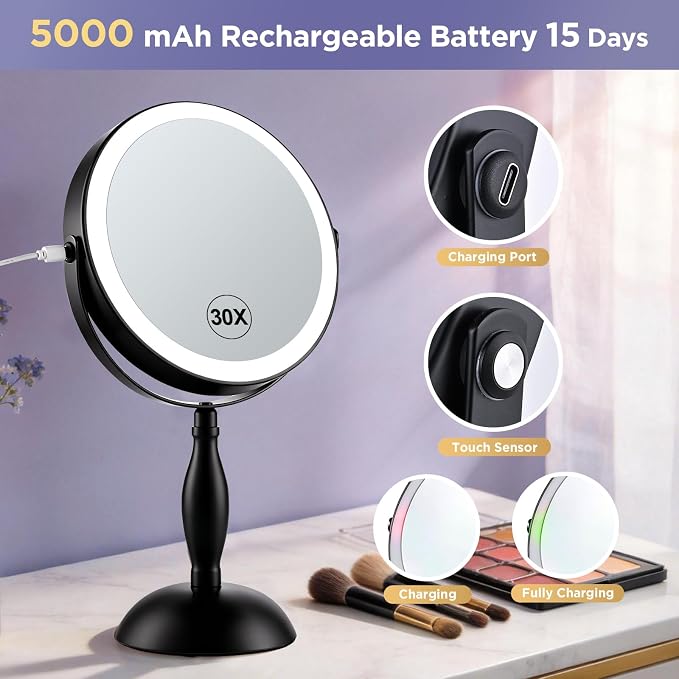 30X Magnifying Mirror with Lights-Matte Black 8" Dual Sided | (1X/30X) Lighted Makeup Mirror, 360° Swivel, 5000mAh Rechargeable Side Touch & Side Charging, 3 Colors & Dimmable Brightness
