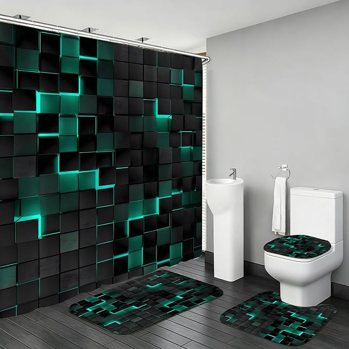 LQCOOL 4Pcs Green Shower Curtain Set 3D Cubes Bathroom Sets Modern Shower Curtain Set for Bathroom Sets with Rugs Black and Green Shower Curtain with 12 Hooks