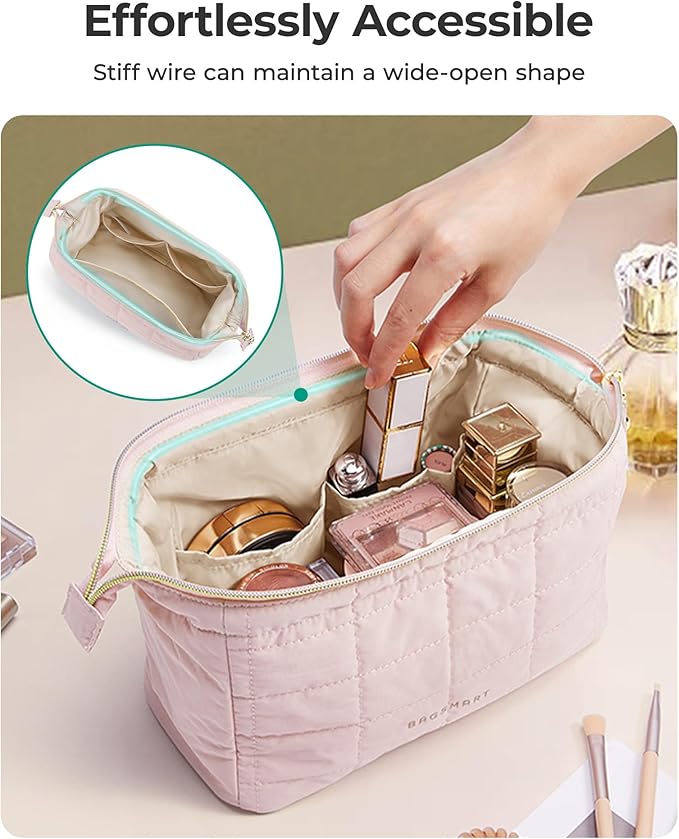 BAGSMART Makeup Bag Travel Toiletry Bag, Zipper Pouch, Burgundy Red | Wide-open, Puffy Padded, Travel Essentials, Make Up Bag, For Women, Makeup Organizer, Toiletries Accessories Brushes