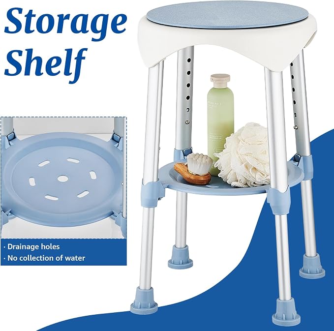 Shower Stool Chair for Inside Shower,360° Swivel,Blue,300LBS | 6-Level Adjustable Height Bath Chair with Shelf,Shower Seat Stool for Bathroom,Upgrade Small Corner Stool for Seniors