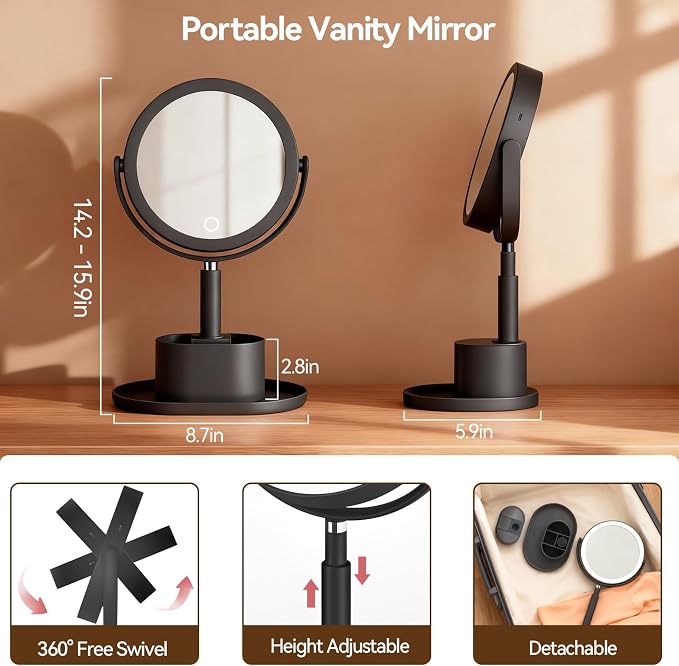 20X Magnifying Mirror with Lights and Storage, Double Sided Vanity Mirror | Rechargeable Makeup Mirror, 3 Color Lighting, Fast Charge and Long-lasting Work, Height Adjustable, Memory Function, Black
