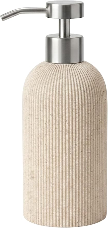 Sand Beige Soap Dispenser with Stainless Steel Pump, 7oz | Luxury Farmhouse Boho Zen Style, Sandstone Finish, Lotion & Dish Soap Dispenser for Bathroom and Kitchen