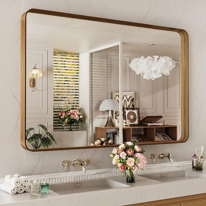 LOAAO 48X32 Inch Bathroom Mirror with Wood Grain Colored Metal Frame | Rounded Rectangle Metal Framed, Anti-Rust, Hangs Horizontally or Vertically, Tempered Glass