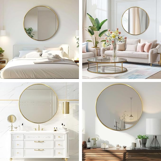 Round Gold Mirror 22 Inch, Brushed Gold Metal Frame, Circle Mirror | Circular Wall Mounted Mirrors for Bathroom, Living Room, Bedroom, Entryway, Hallway, Dining Room, Wall Decor, Waterproof