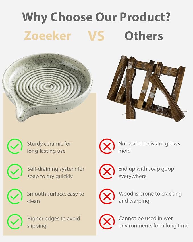 Zoeeker Self-Draining Soap Dish, Ceramic Bar Soap Holder with Drainage | Soap Tray with Waterfall Design for Shower, Bathroom and Kitchen Sink, Keep Bar Soap Dry, Brush Holder, Speckled Glaze