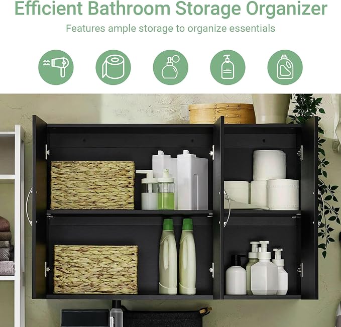 3-Door Wall Mount Bathroom & Laundry Cabinet, Wall Size, Black | 3-Door Wall Storage Cabinet With Adjustable Shelves, Over Toilet/Washer MDF Medicine Cabinet, HUS-FRG231-L
