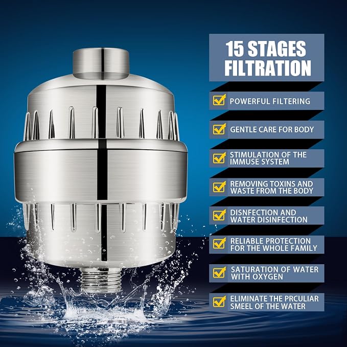 FEELSO Shower Head with Shower Filter, Filtered Shower Head for Hard Water | High Pressure, Anti-clog Nozzles, 5 Spray Showerhead, 15 Stage Water Softener Filters, Remove Chlorine and Harmful Substances