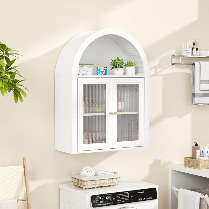 Medicine Cabinet with Arched Top, Bathroom Wall Cabinet Over Toilet with Wave Pattern Acrylic Doors and Removable Shelf, Roman Style Small Wall Cabinets for Kitchen, Living room, Laundry Room, White