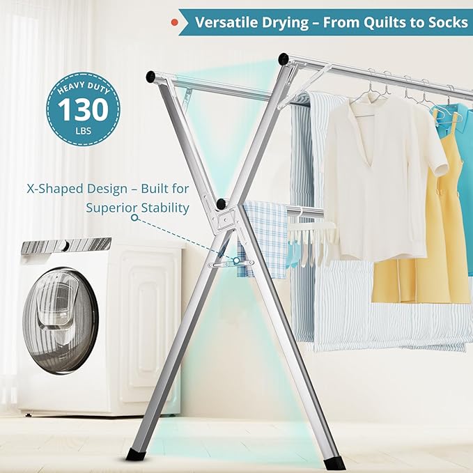 63 Inches Clothes Drying Rack, Drying Rack Clothing Folding Indoor Outdoor, Heavy Duty Stainless Steel Laundry Rack, Foldable Portable Large Clothes Rack Garment Rack with 20 Windproof Hooks