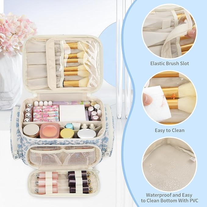 Makeup Bag with Multi-Pockets,Travel Cosmetic Bag with 2 Transparent Side Pockets for Easy Small Item Finding, Enlarged Internal Compartments, Large Capacity Waterproof Bottom Makeup Organizer -Floral