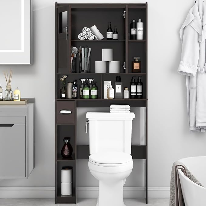 Vabches Over The Toilet Storage Cabinet with Doors and Shelves, Espresso | Freestanding Home Space Save Toilet Rack, with Adjustable Shelves for Restroom, Bathroom, Laundry