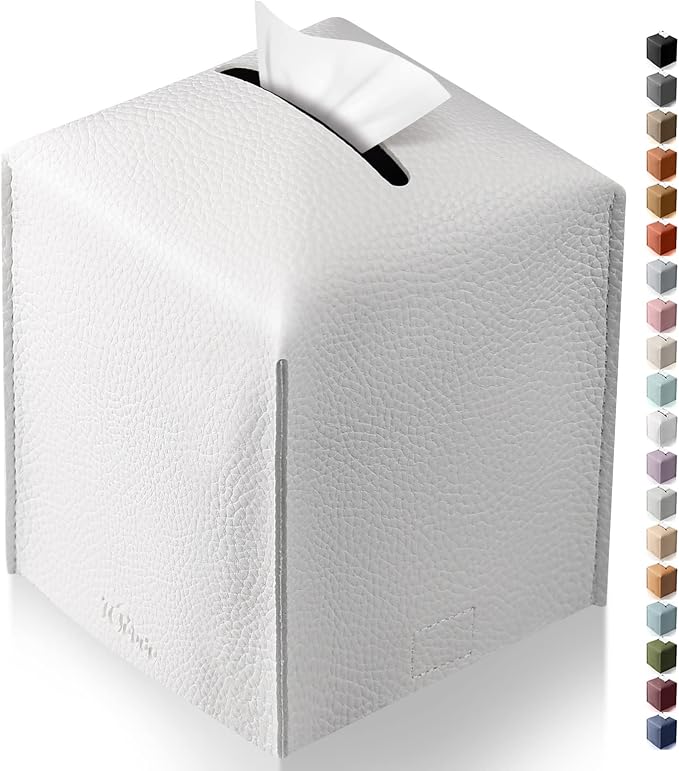 Tissue Box Cover, Tclouda, Modern PU Leather Square Tissue Box Holder for Creative Decorative, Ideal for Bathrooms/Office/Car/Nightstand/Outdoor Tent/Dining Table, 5"X5"X5", Single White
