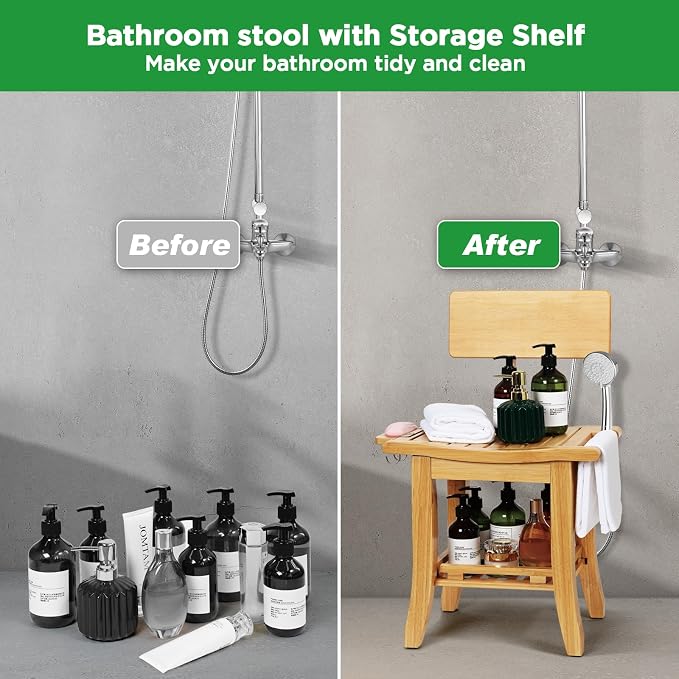 Bamboo Shower Chair for Inside Shower Adults Elderly Disabled | Two-Tier Shower Bench with Storage Shelf, Soap Dish, Shower Head Holder, Watrerproof Shower Seat for Pregnant