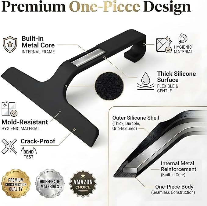 Bathroom Glass Shower Door Squeegee, Silicone & Metal, Black, 10"W x 9.2"L | Effortless, Time-Saving, Rustproof, Flexible, High Quality, Efficient, Cost-Effective, Multi-Functional, Wear-Resistant
