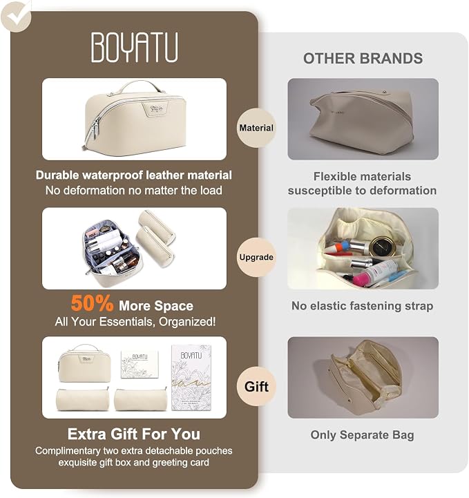 BOYATU Travel Makeup Bag Cosmetic Bags for Women: 3 Pcs Set Make up Bag | Large Capacity Waterproof Vegan Leather Organizer Bags with Compartments - Lay flat Toiletry with Handle (L27Off-white)