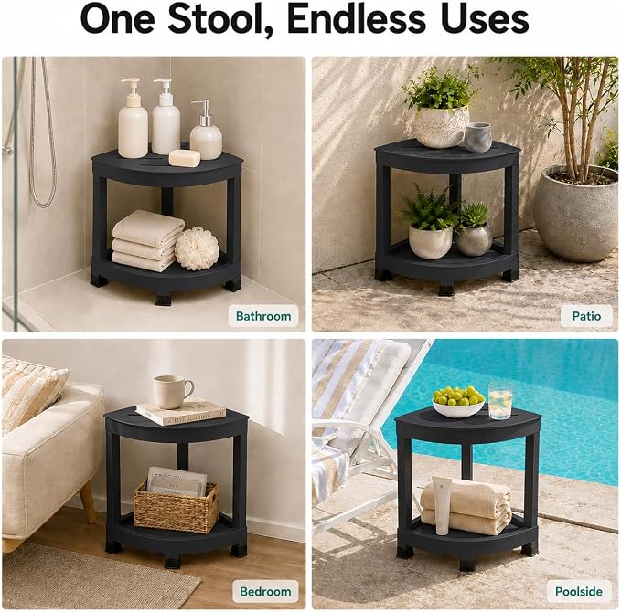 CROWNFURN Shower Foot Rest, HIPS Waterproof Shower Stool for Inside Shower, Corner Shower Bench for Shaving Legs with Baffle Storage Shelf for Small Space, Rapid Assembly DIY Combination Shelf (Black)
