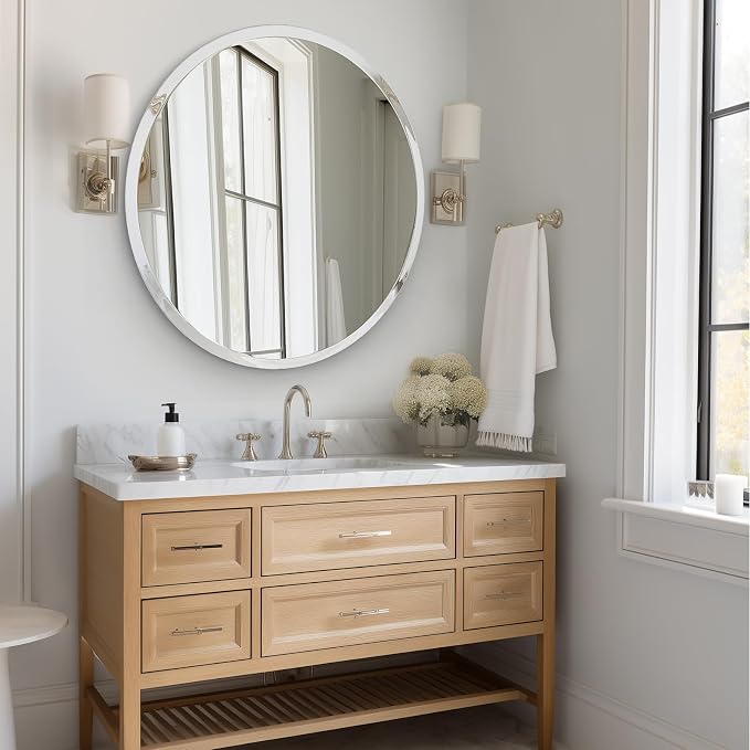 36" Round Frameless Wall Mirror with Beveled Edge | Circle Mirror for Bathroom & Vanity, Elegant & Simple Look