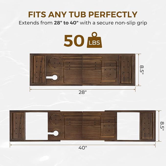 Teak Bathtub Tray Caddy, Foldable Bath Tray with Expandable Handles, Wine Glass and Phone Holders, Book Stand, for Home Spa Relaxation, Luxury Bathroom Accessories - Dark Walnut Color