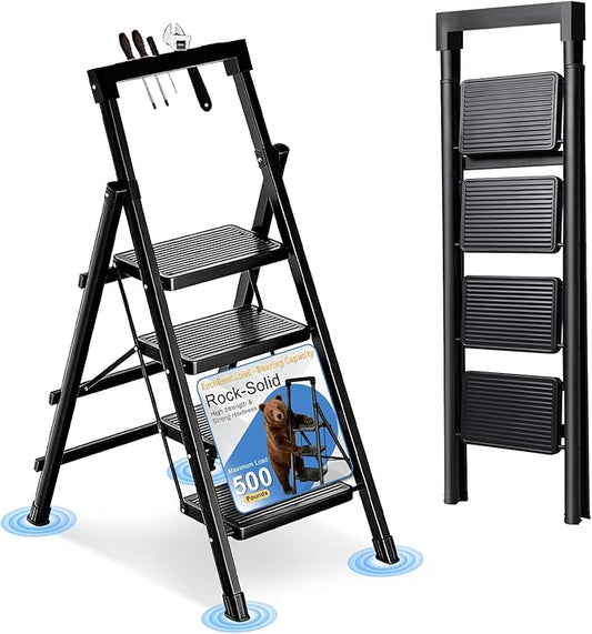 4 Step Ladder with Handrail Folding Step Stool with Tool Tray | 500LBS Capacity Sturdy Carbon Steel Frame Anti-Slip Stripe Pedal for Home Kitchen Garage (black-4step)