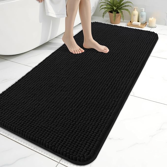 Arotive Chenille Bathroom Rugs 47x24, Soft Absorbent Bath Mat, Black | Rubber Backing, Machine Washable Dry Bath Mats for Bathroom Floor, Tub and Shower, Home Decor Accessories