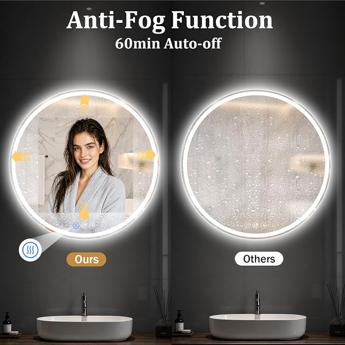 Round LED Bathroom Mirror, 22 Inch, HD Shatterproof Tempered Glass | Lighted Bathroom Mirror with Dimmable Lights Bathroom Mirror with Lights for Wall, 3 Color Temperatures