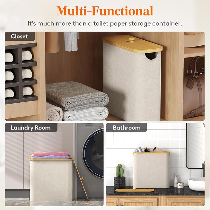 Lifewit Toilet Paper Storage Holder for 9 to 12 Rolls, Free Standing Toilet Paper Basket Stand with Bamboo Lid, Collapsible Fabric Bathroom Organizer Box for Mega Rolls, 23L, Large, White, Beige