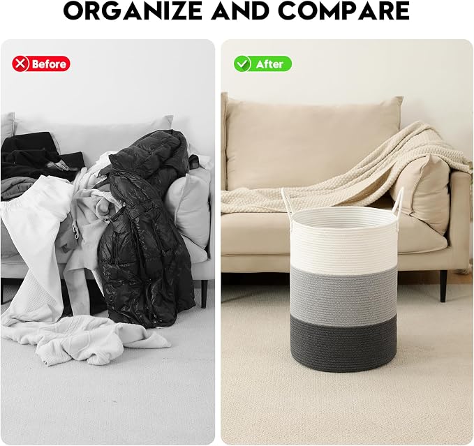 Laundry Basket Hamper Tall Rope Storage Woven for Blanket toys Dirty Clothes in Living Room Bathroom Bedroom (Gradient Grey, 100L/26.4Gal)