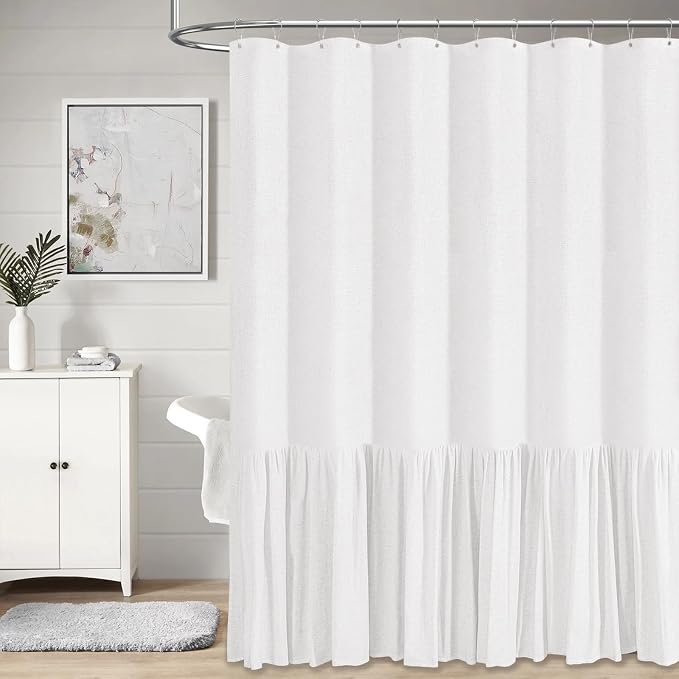 Extra Long Linen Ruffle Farmhouse Cloth Shower Curtain, 72x80, White | Ruffle Hem, Heavy Duty Fabric, 12 Hooks, Elegant Drape, Shabby Chic Style, Bathroom Decor, Machine Washable, Easy To Install