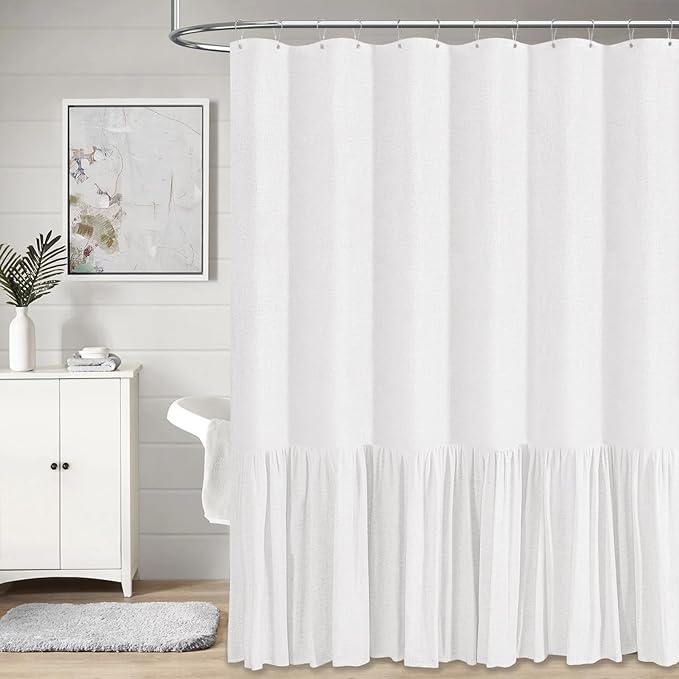 Extra Long Linen Ruffle Farmhouse Cloth Shower Curtain, 72x84, White | Ruffle Hem, Heavy Duty Fabric, 12 Hooks, Elegant Drape, Shabby Chic Style, Bathroom Decor, Machine Washable, Easy To Install