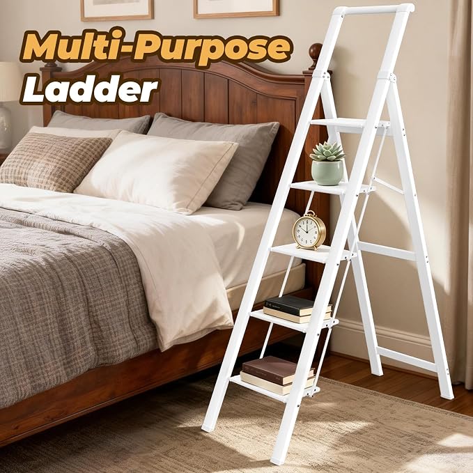 HBTower 5 Step Ladder, Lightweight Aluminum Folding Step Stool | Anti-Slip Wide Pedal, 330lbs Capacity Step Ladder for Household Kitchen Office, White