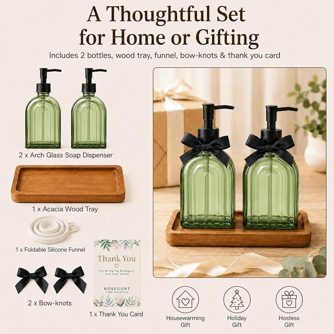 2 Pack Arch Glass Soap Dispenser with Acacia Wood Tray, 11oz Green Rainbow Decorative Hand Soap Dispenser with Rustproof Pump, Refillable Liquid Dispenser for Bathroom, Kitchen, Countertop