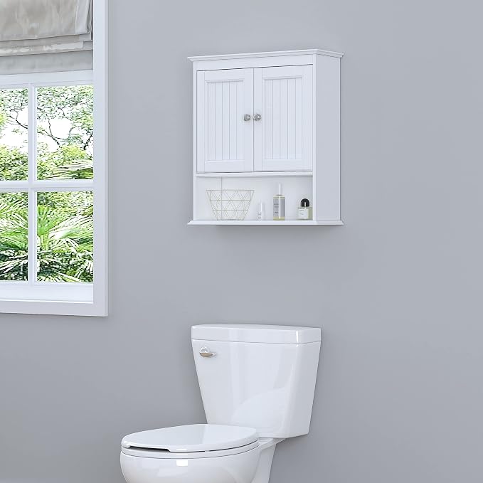 Spirich Bathroom Wall Cabinet with Beadboard Doors, White Medicine Cabinet | Adjustable Shelf, Open & Concealed Storage, Space-Saving Over-Toilet Design for Toiletries, Towels, Medicines & Decor