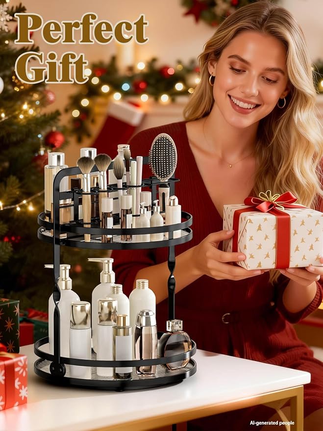 Rotating Makeup Vanity Organizer, 360 Spinning Perfume Organizer | 2-Tier Black Bathroom Countertop Organizer, Lazy Susan Counter Shelf Skincare Storage, Perfume Stand with Makeup Brush Holder