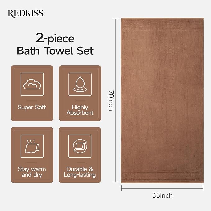 REDKISS 2 Pack Extra Large 35x70 Inch Cotton Bath Towels, Brown | 100% thick cotton, ultra soft & absorbent, quick dry brown towels for bathroom, gym, spa, pool, hotel