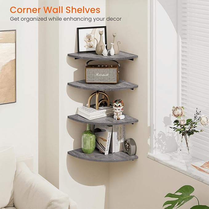 Corner Floating Shelves, Round Corner Shelf Wall Mount Set of 4 | Cord Hole, 12 Inch Wood Curved Corner Hanging Shelf for Cable Box, Speaker, TV Cords, Books, Plants, Rustic Grey
