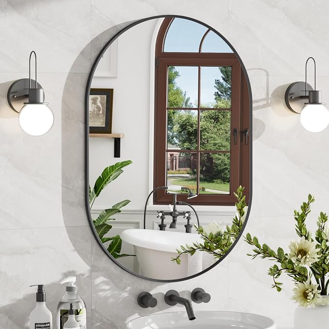 24"x32" Black Oval Bathroom Mirror for Over Sink, Vanity Wall Mirror | Tempered Glass, Clear Reflection, Rust-Resistant Aluminum Frame, Vertical or Horizontal Wall Mount, Bedroom and Entryway
