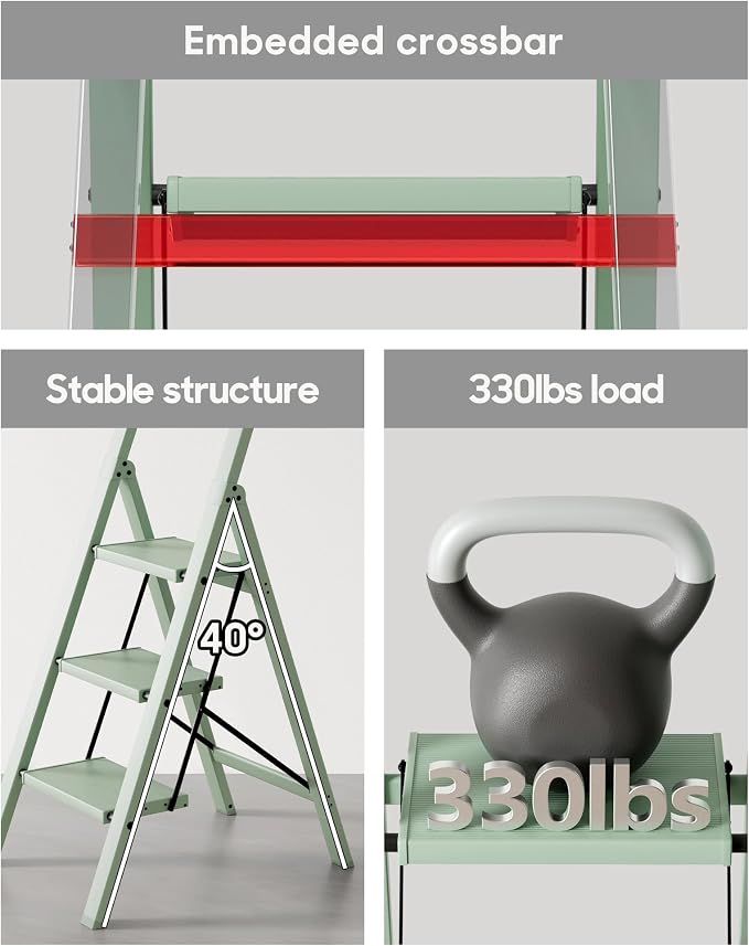 HillhutApex Aluminum 3 Step Ladder, Step Stool Foldable Ladder(Pale Green) | Stepladder with Handgrip,Anti-Slip Pedals,330lbs Capacity,Lightweight Folding Ladder for Home,Office,Libaray