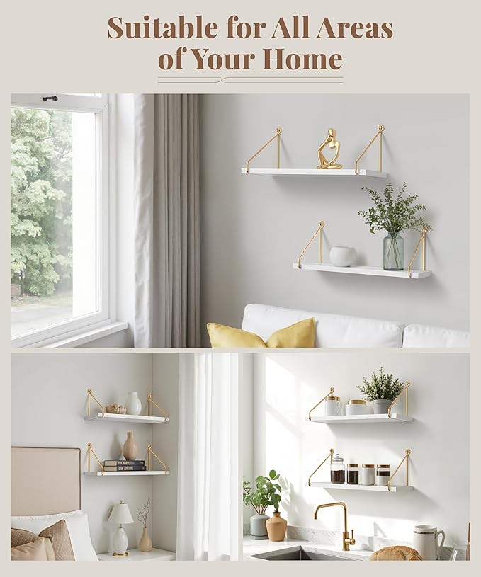 Afuly Floating Shelves for Wall, White and Gold Shelf, Display Wall Shelves | Hanging Bookshelf with Bracket, Solid Wood and Metal, Plants Display, for Bathroom, Kitchen, Living Room, Bedroom, Home Decor