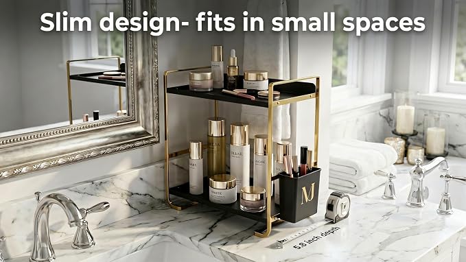 2 Tier Bathroom Countertop Organizer, Black and Gold | Side Caddy, Metal Construction, Slim Counter Storage Rack, For Vanity