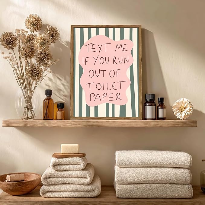 Funny Bathroom Quote Sign Wall Art Text Me If You Run Out of Toilet Paper Bathroom Wall Decor Cute Stripe Quotations Restroom Poster Canvas Print Picture 16x24 inch Wood Framed