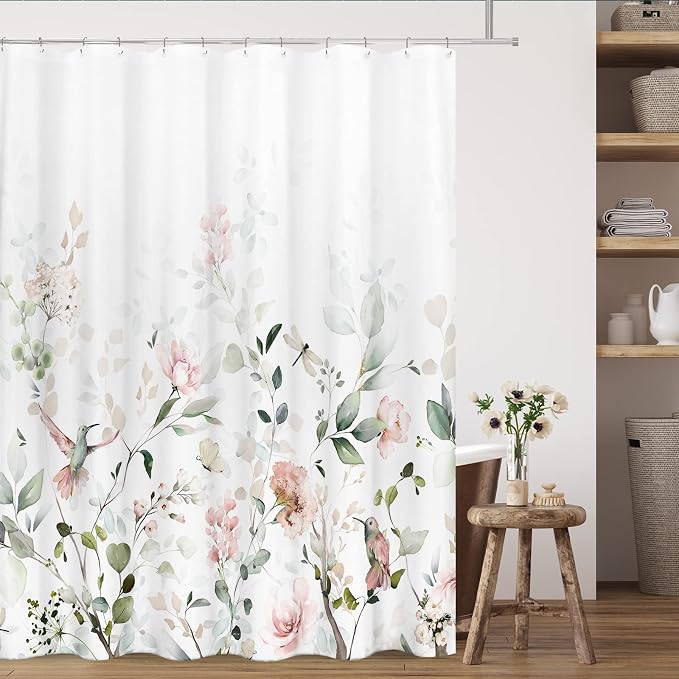 Tititex Aesthetic Blooming White Floral Shower Curtain Sets, Watercolor Pink Flowers Birds Butterflies Tropical Bathroom Decorative 71 X 78 Inch Polyester Waterproof Fabric Bath Curtain with Hooks