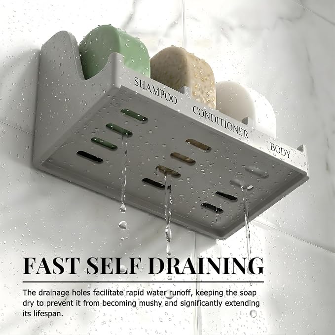 Soap Holder for Shower Wall, 3-Compartment Soap Dish for Shampoo, Conditioner and Body Soap, Fast Draining & Rust-Proof & Heavy Duty, Ultra-Strong Adhesive for Long-Term Bathroom Use & Freestanding