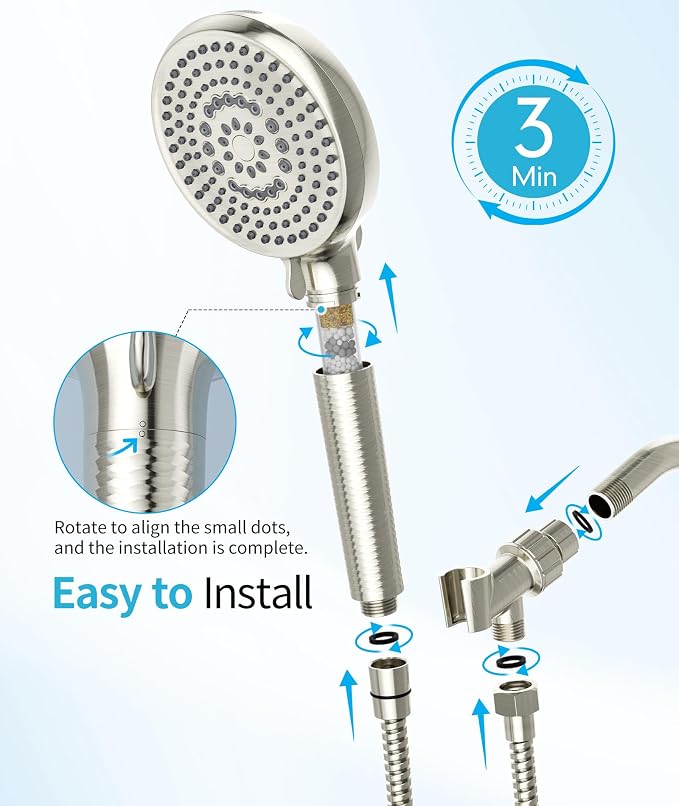 Filtered Shower Head with Handheld, 10 Spray Mode High Pressure Shower Head with Filters, Shower Filter Head for Hard Water, Powerful Spray for Cleaning, 2 Replaceable Filters Included, Brushed