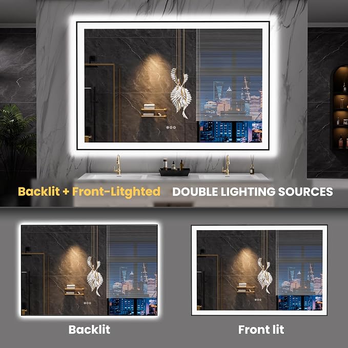 LOAAO 60"X40" LED Bathroom Mirror Black Framed | Anti-Fog, Dimmable, Memory Function, Tempered Glass, Lighted Vanity Mirror for Wall