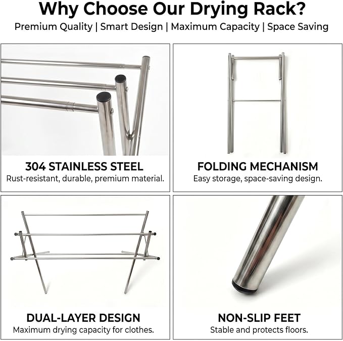 Drying Rack for Clothes, Compact 4 Drying Poles Foldable Laundry Rack, Stainless Steel Portable Clothes Airer for Towels, Baby Clothes, Bibs & Swimsuits, for Balcony & Laundry Room Use, Silver