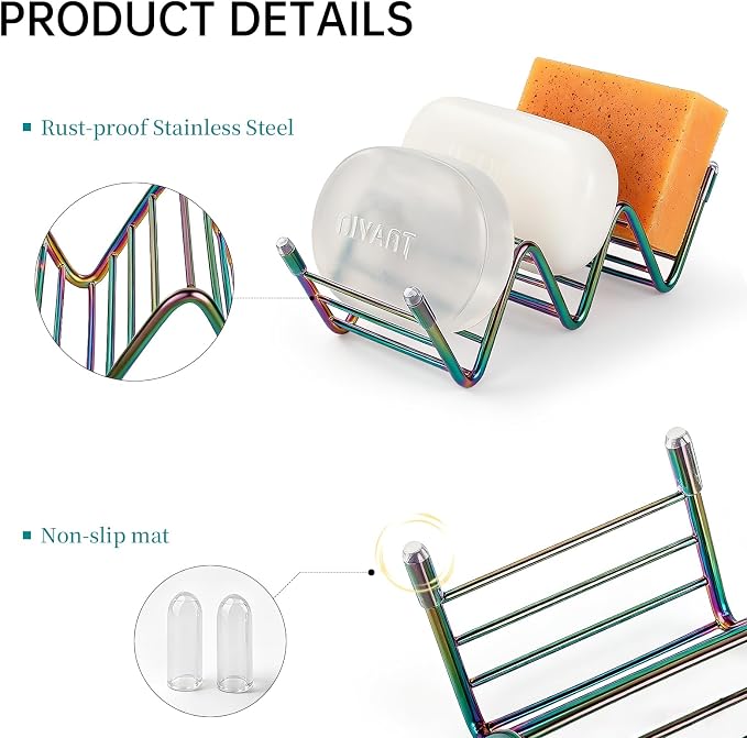 Stainless Steel Soap Dish Self Draining Bar Soap Holder, Colorful | Reversible Design Fits 2-3 Bars, Rustproof, Easy to Clean, Space Saving, Non Slip, for Bathroom, Shower, Kitchen